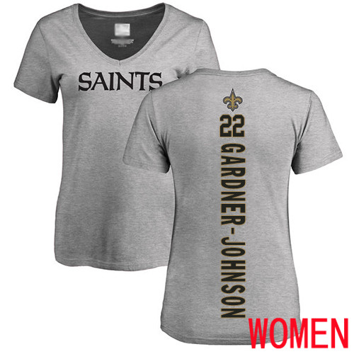 New Orleans Saints Ash Women Chauncey Gardner Johnson Backer V Neck NFL Football #22 T Shirt->nfl t-shirts->Sports Accessory